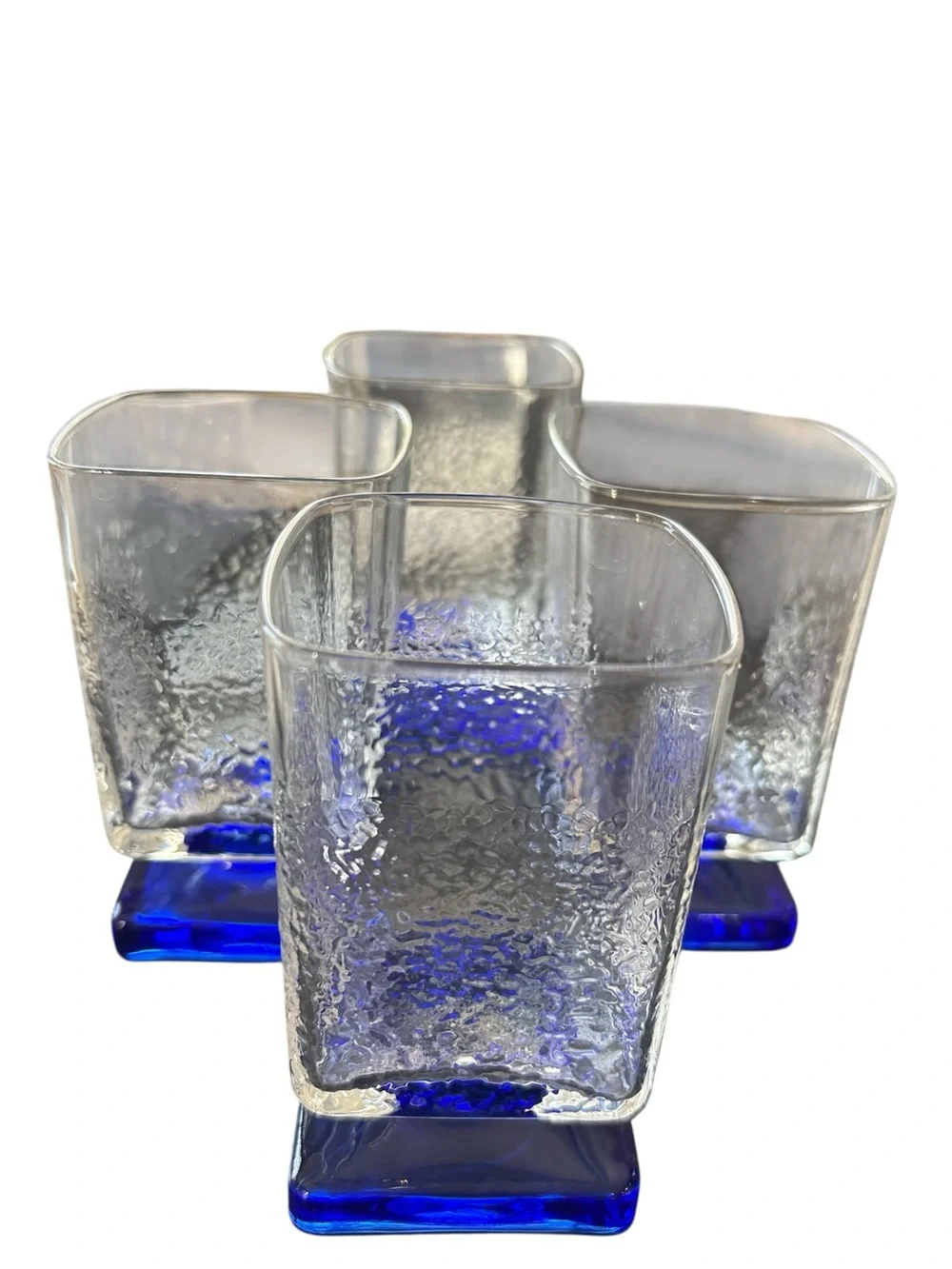 4 Bormioli Rocco Cobalt Blue Textured Cocktail Rocks Glasses Square Art Deco